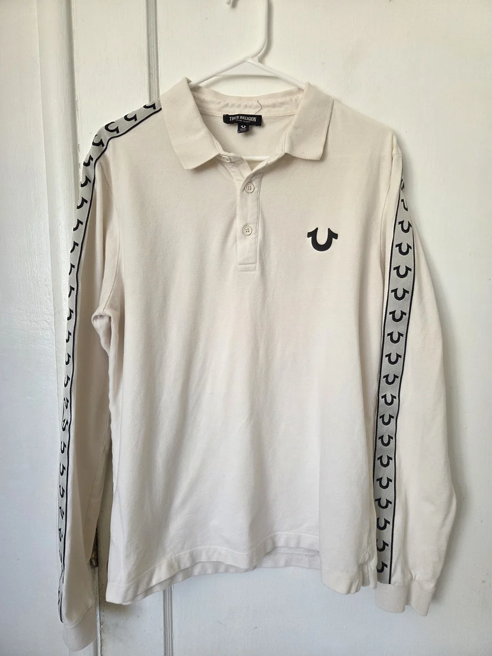True Religion Men's Cream Long-Sleeve Polo Medium